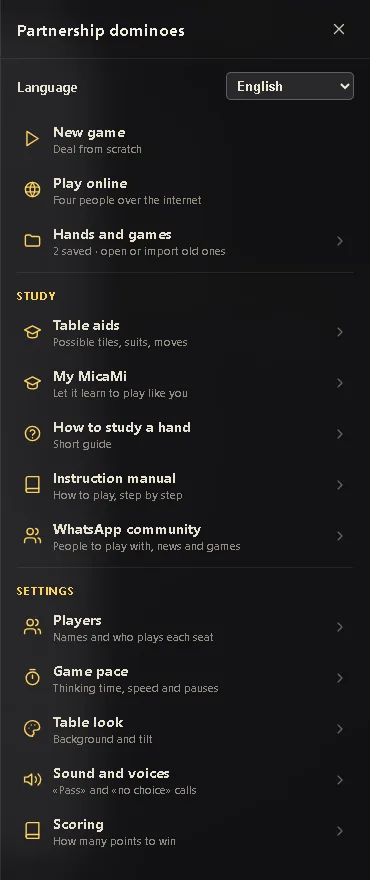 The game menu