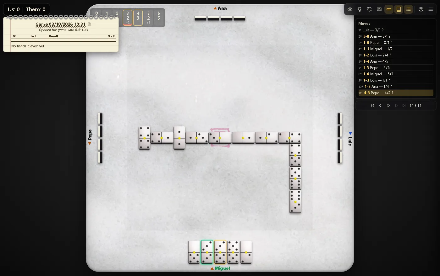 A game in progress: the table with the line of tiles, the score, the scorebook, the suits and the list of moves