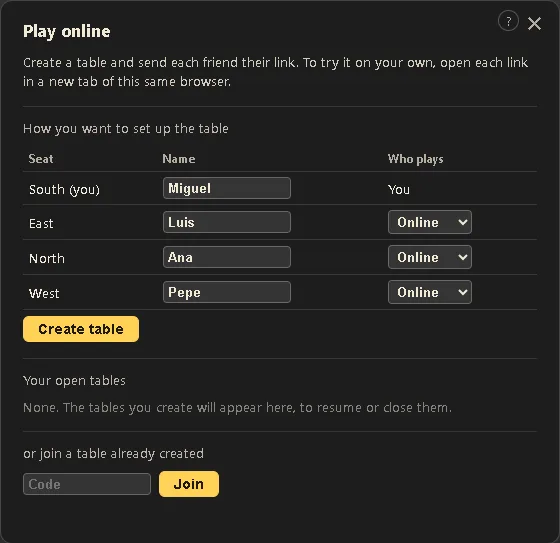 The Play online screen to create a table