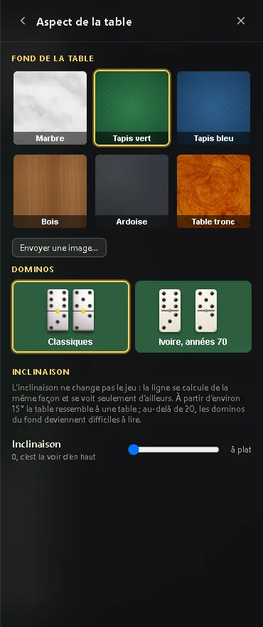 La page Aspect de la table avec les fonds à choisir