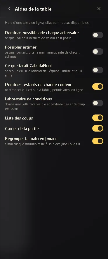 La page Aides de la table du menu