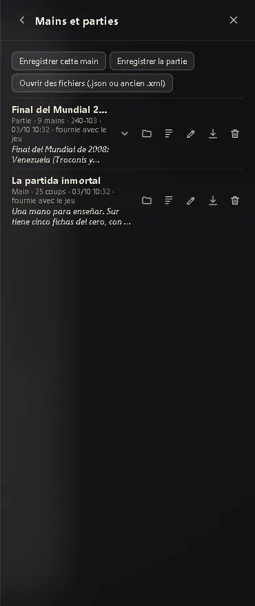 La page Mains et parties du menu