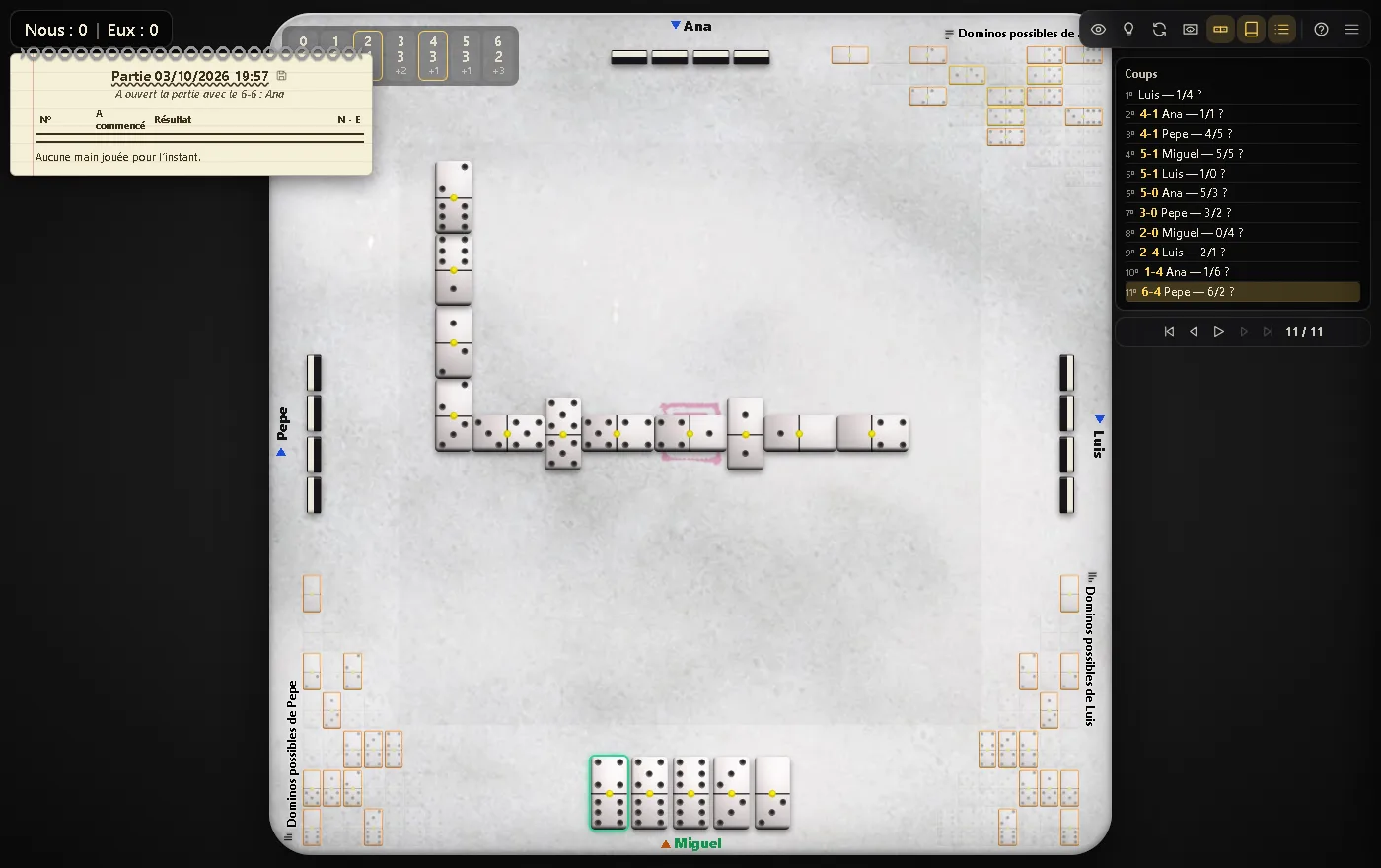 La table avec les panneaux de dominos possibles des trois adversaires
