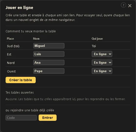 L’écran Jouer en ligne pour créer une table