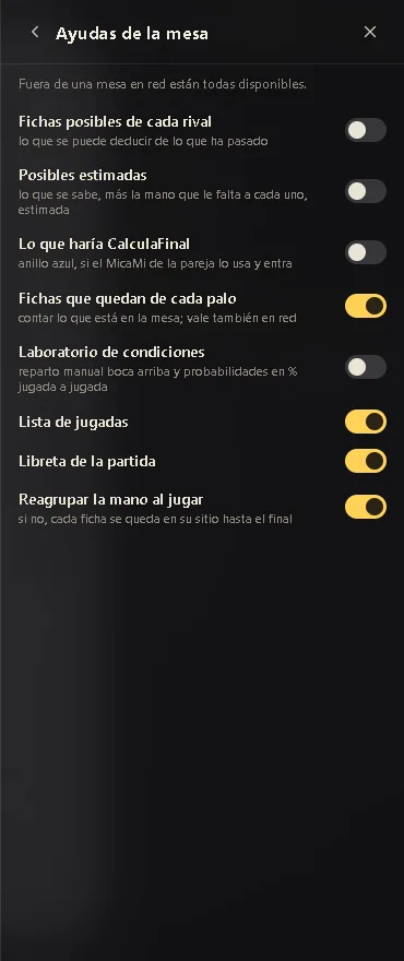 La página Ayudas de la mesa del menú