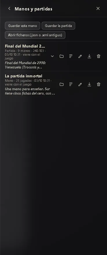 La página Manos y partidas del menú