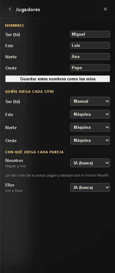 La página Jugadores del menú