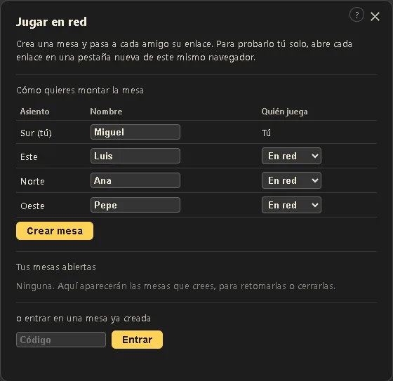 La pantalla de Jugar en red para crear una mesa